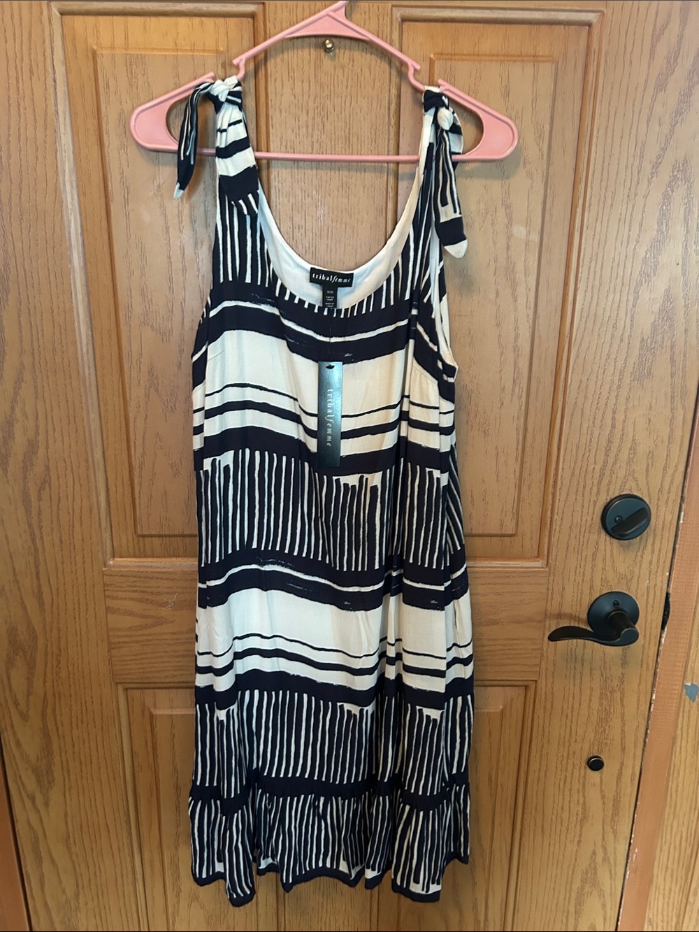 Tribal Black and Cream Striped Tie-Shoulder Midi Dress